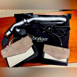Botkier leather (and suede) Crossbody bag and wallet, black, grey, and taupe.